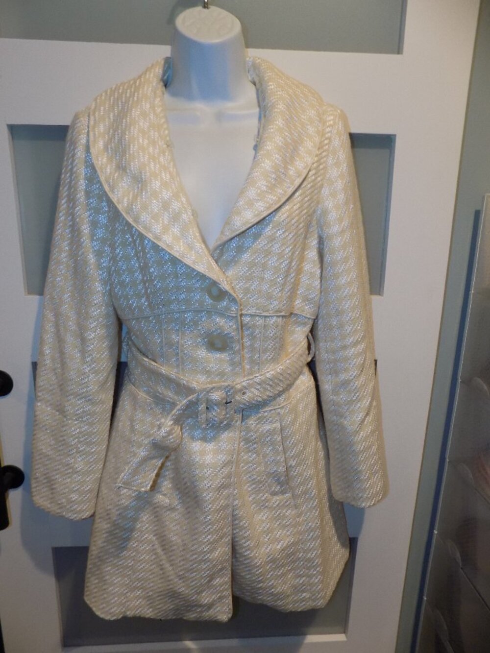 Vintage Houndstooth White/Cream Wool Blend Lined Coat Size S Women's